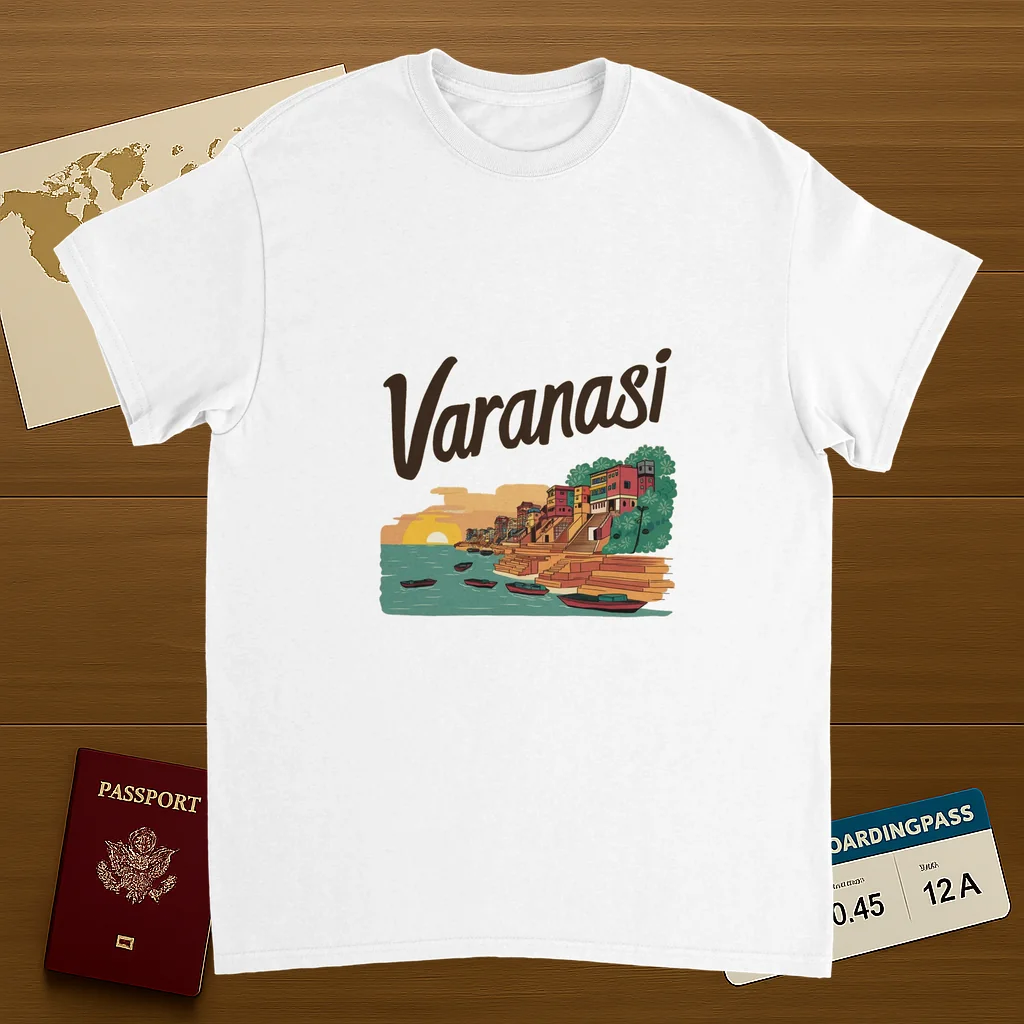 white Varanasi India Unisex Travel T-Shirt on wooden background with world map, passport, and boarding pass