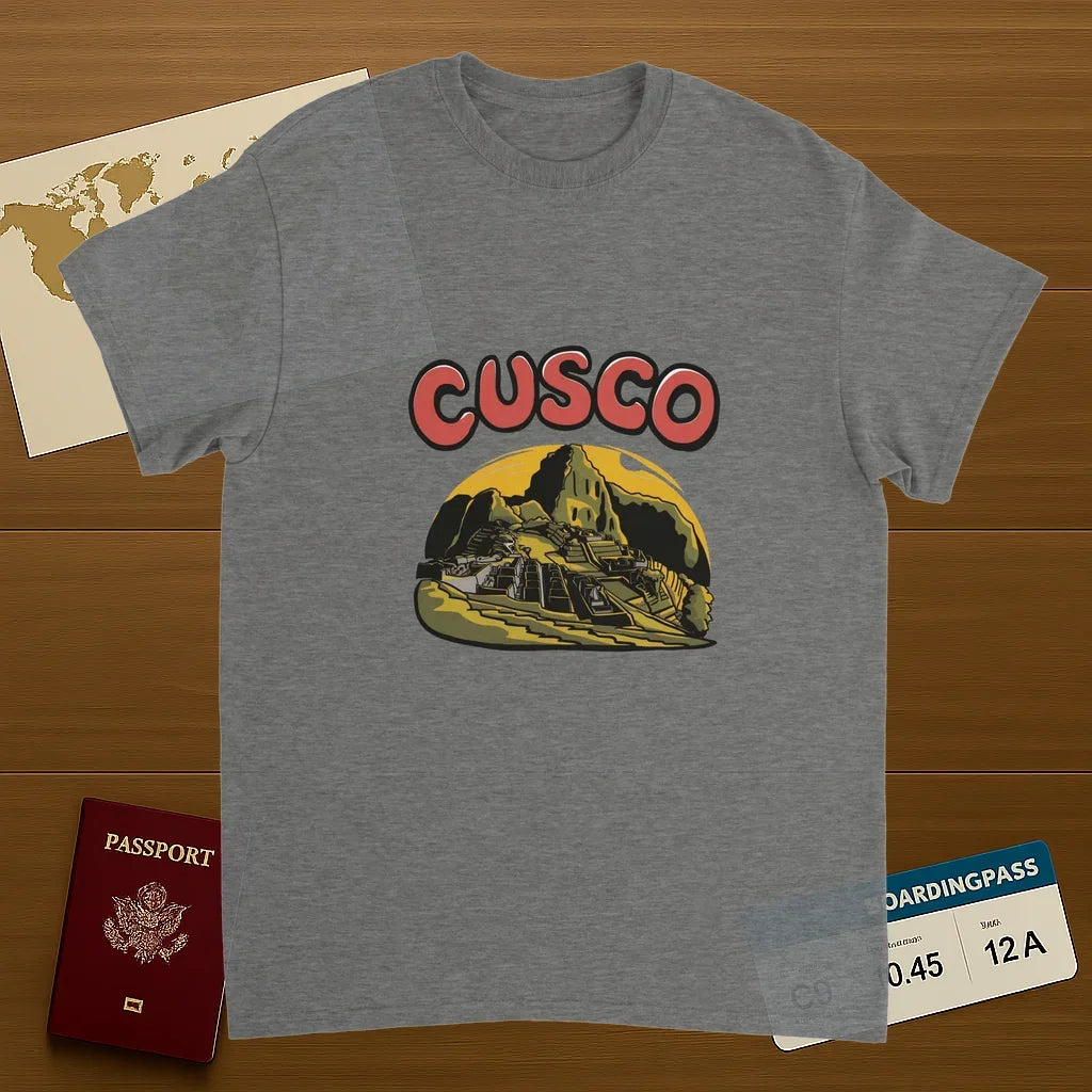 sport grey Cusco Peru Unisex Travel T-Shirt on wooden background with world map, passport, and boarding pass