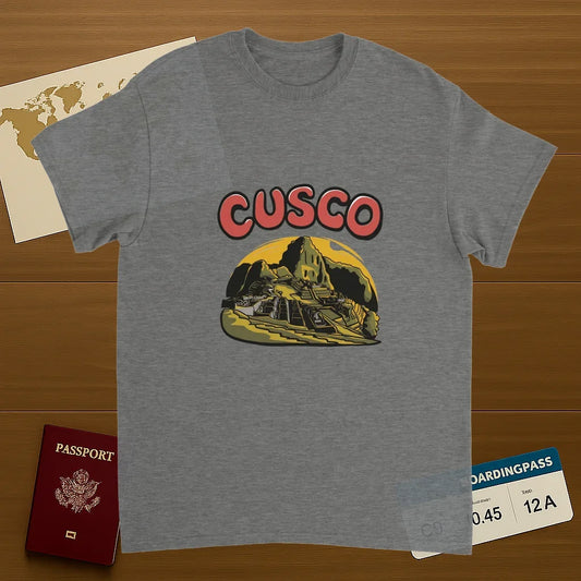sport grey Cusco Peru Unisex Travel T-Shirt on wooden background with world map, passport, and boarding pass
