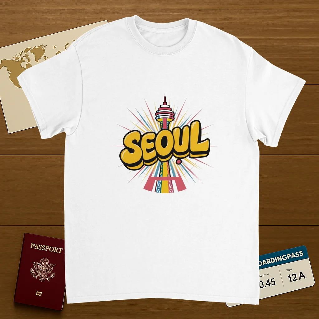 white Seoul South Korea Unisex Travel T-Shirt on wooden background with world map, passport, and boarding pass