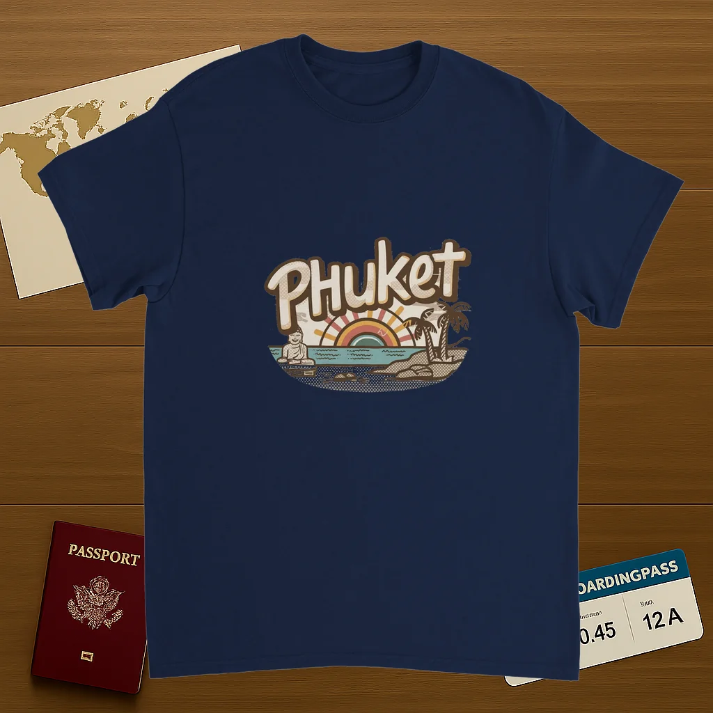 navy Phuket Thailand Unisex Travel T-Shirt on wooden background with world map, passport, and boarding pass
