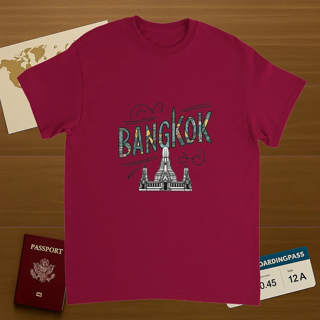 cardinal red Bangkok Thailand Unisex Travel T-Shirt on wooden background with world map, passport, and boarding pass