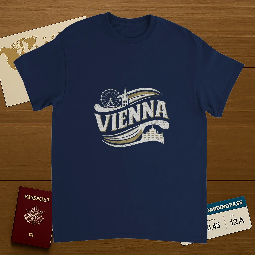 navy Vienna Austria Unisex Travel T-Shirt on wooden background with world map, passport, and boarding pass