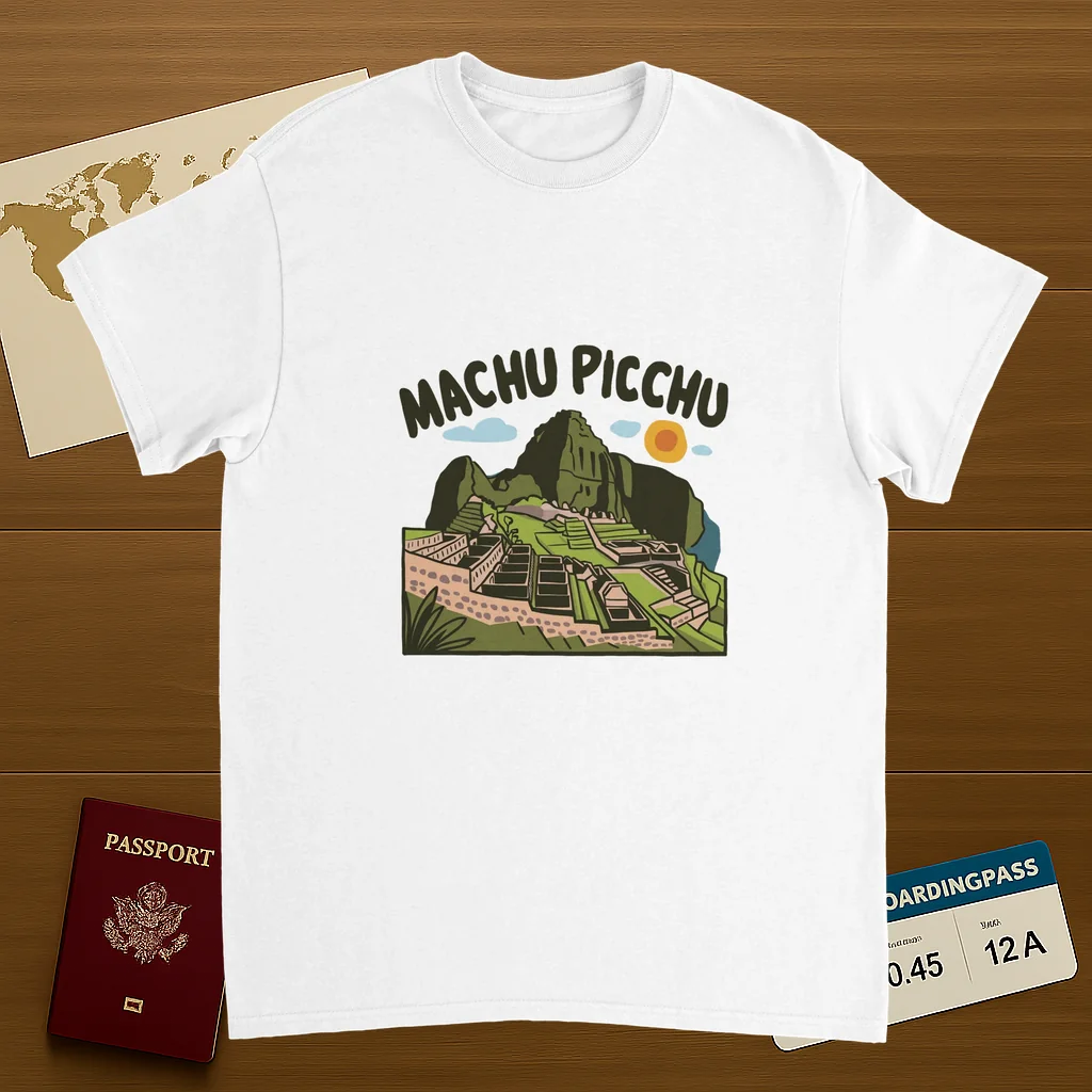 white Machu Picchu Unisex Travel T-Shirt on wooden background with world map, passport, and boarding pass