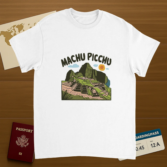 white Machu Picchu Unisex Travel T-Shirt on wooden background with world map, passport, and boarding pass