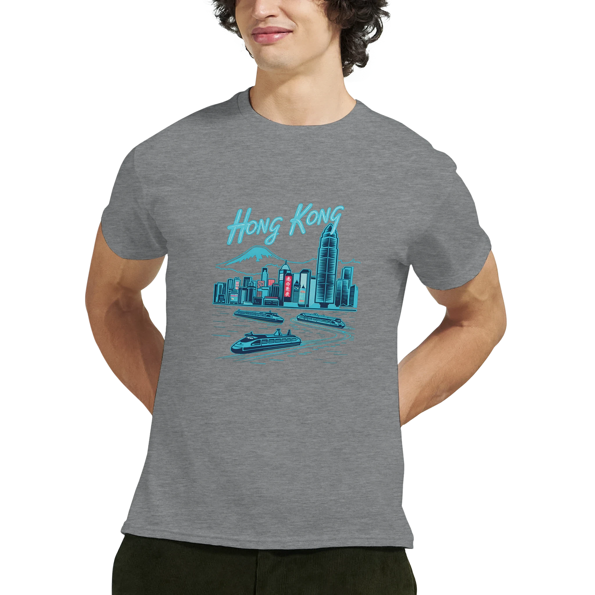 Hong Kong Unisex Travel T-Shirt featuring a man