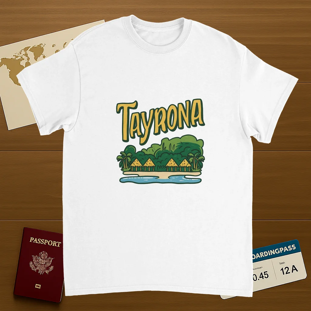 white Tayrona Colombia Unisex Travel T-Shirt on wooden background with world map, passport, and boarding pass