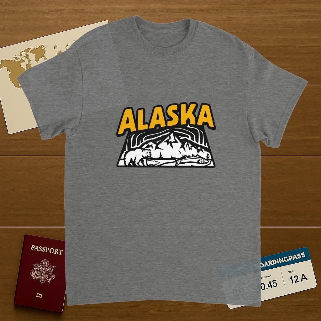 sport grey Alaska USA Unisex Travel T-Shirt on wooden background with world map, passport, and boarding pass