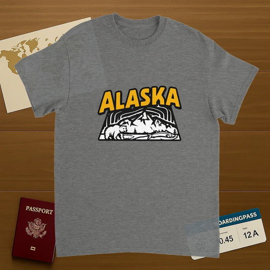 sport grey Alaska USA Unisex Travel T-Shirt on wooden background with world map, passport, and boarding pass