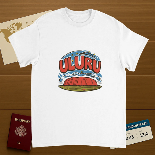white Uluru Australia Unisex Travel T-Shirt on wooden background with world map, passport, and boarding pass