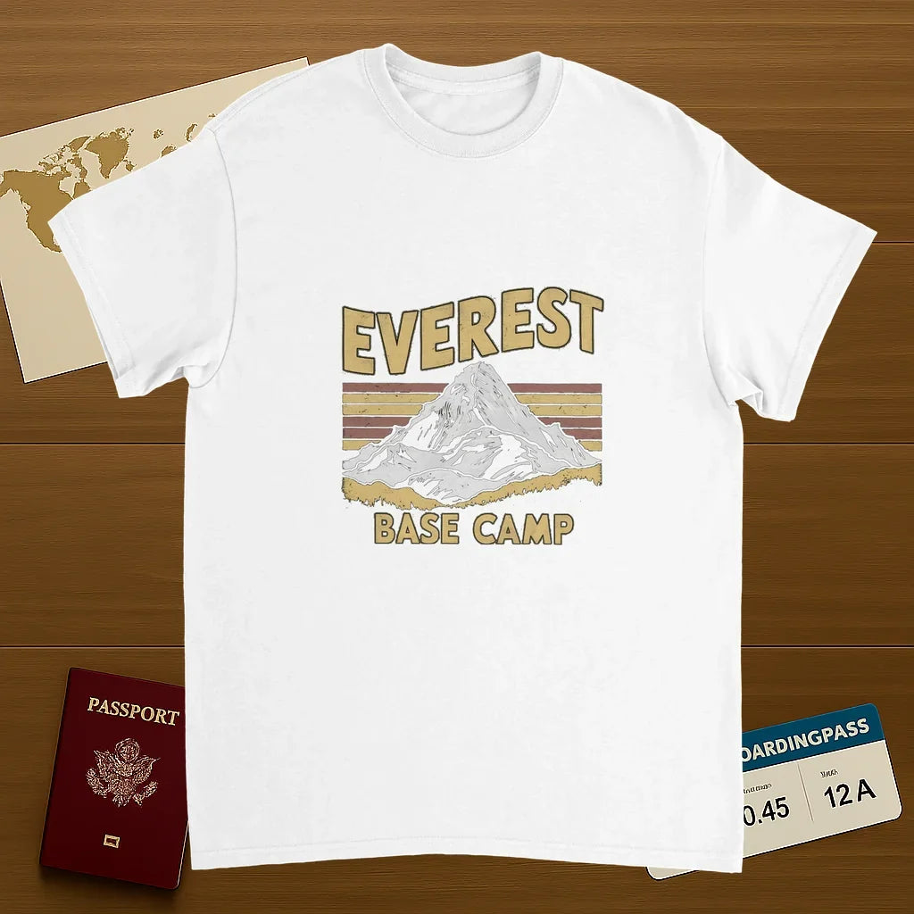 white Everest Base Camp Nepal Unisex Travel T-Shirt on wooden background with world map, passport, and boarding pass