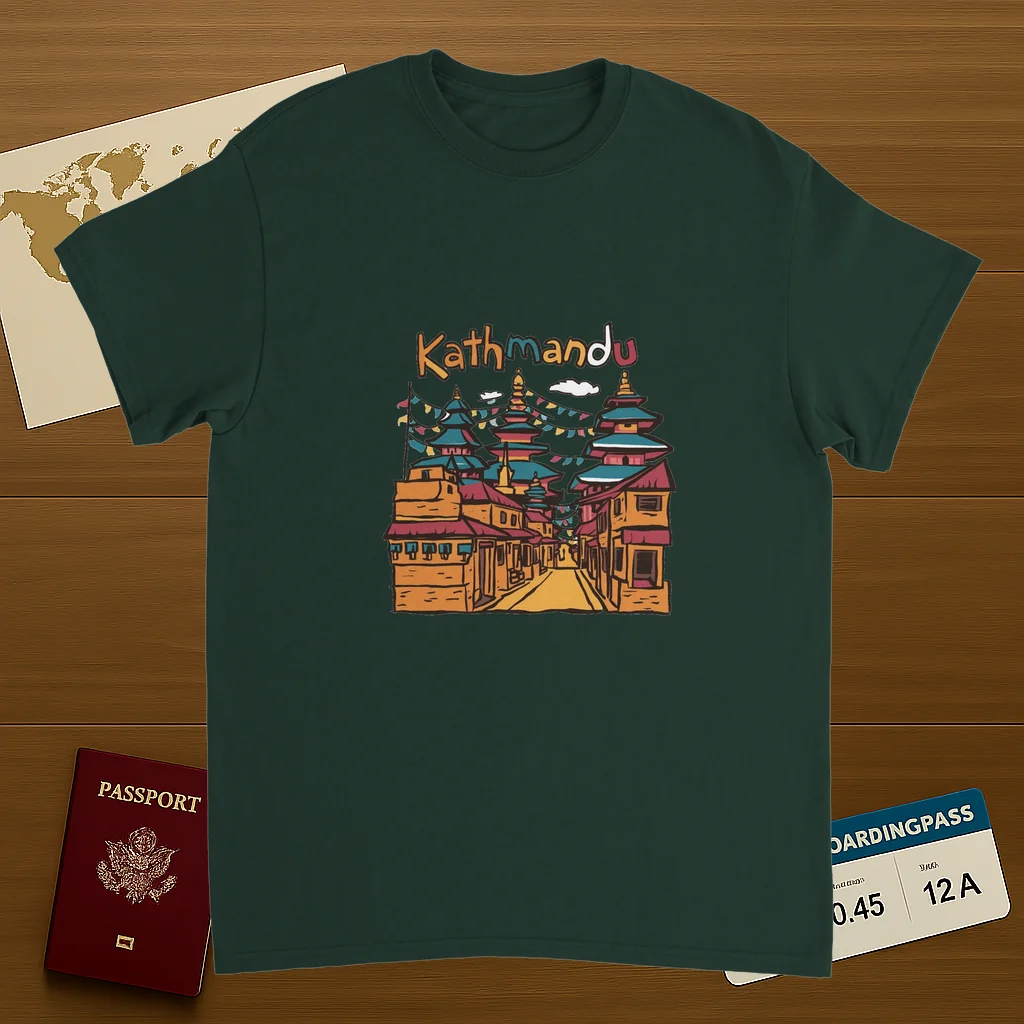 forest green Kathmandu Nepal Unisex Travel T-Shirt on wooden background with world map, passport, and boarding pass