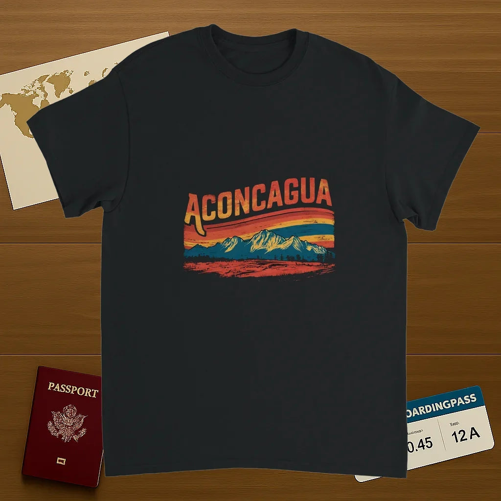black Aconcagua Argentina Unisex Travel T-Shirt on wooden background with world map, passport, and boarding pass