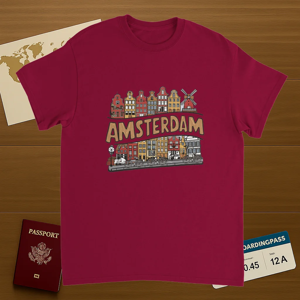 cardinal red Amsterdam Netherlands Unisex Travel T-Shirt on wooden background with world map, passport, and boarding pass