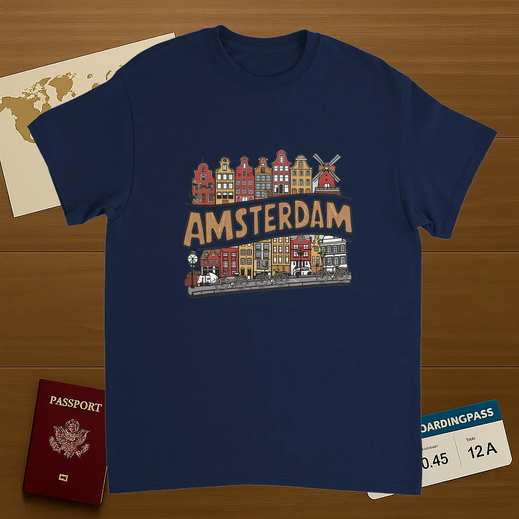 navy Amsterdam Netherlands Unisex Travel T-Shirt on wooden background with world map, passport, and boarding pass