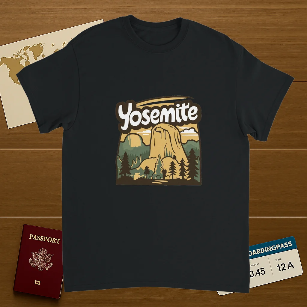 black Yosemite USA Unisex Travel T-Shirt on wooden background with world map, passport, and boarding pass
