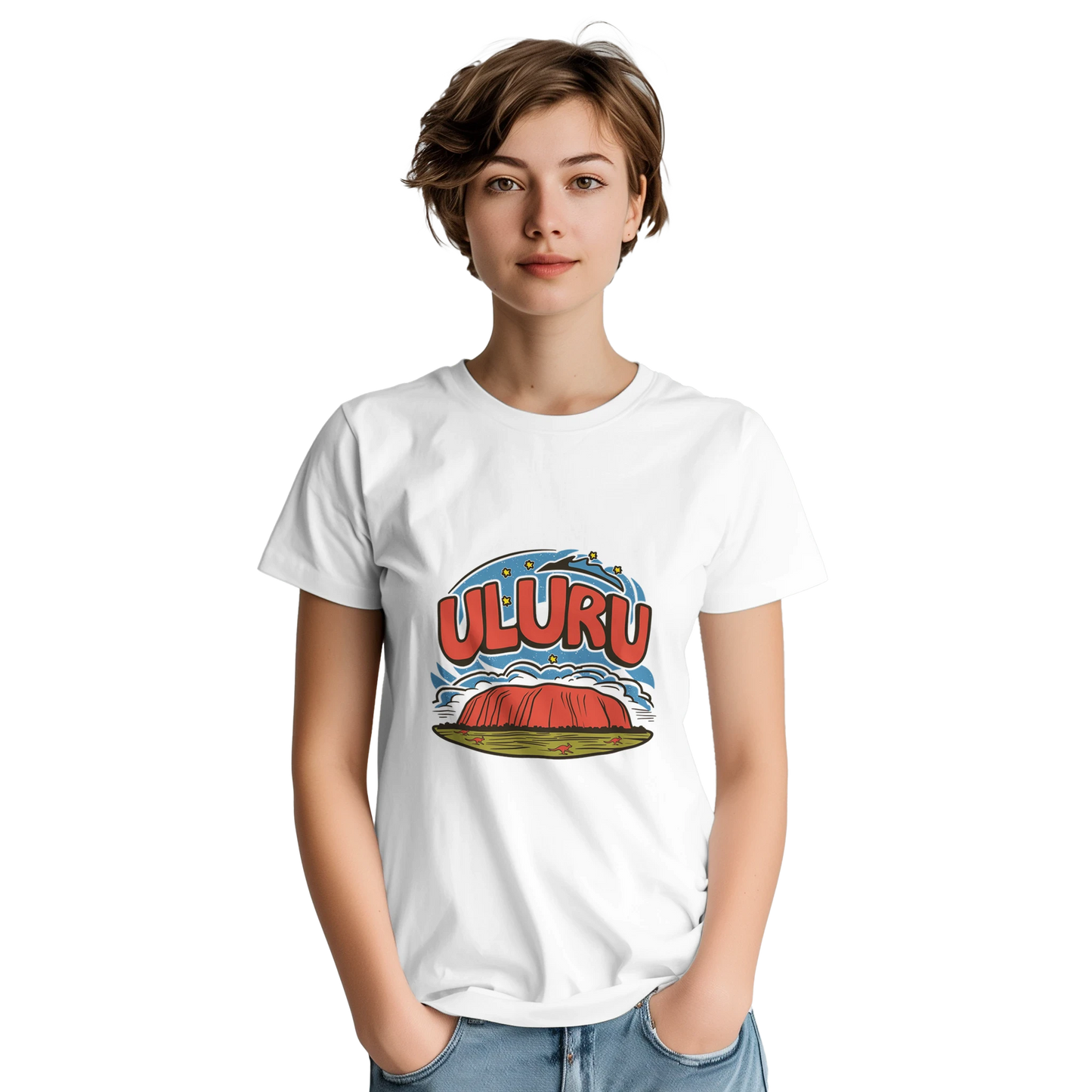 Uluru Australia Unisex Travel T-Shirt on wooden background with world map, passport, and boarding pass