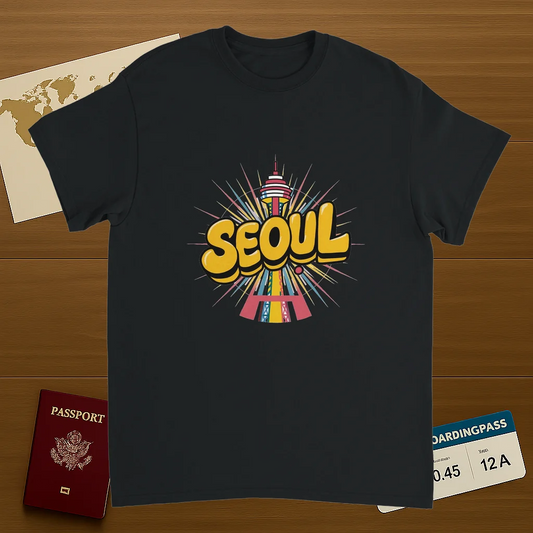 black Seoul South Korea Unisex Travel T-Shirt on wooden background with world map, passport, and boarding pass