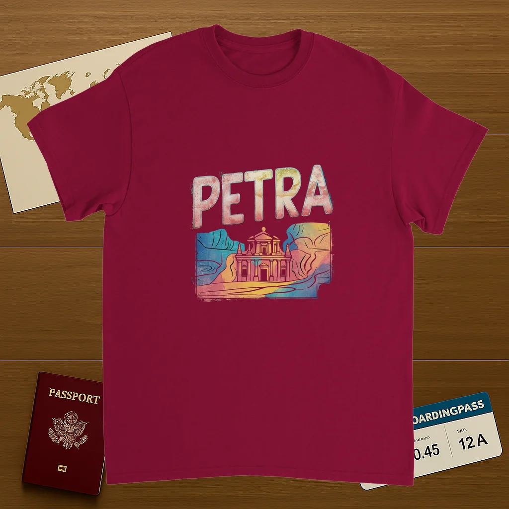 cardinal red Petra Jordan Unisex Travel T-Shirt on wooden background with world map, passport, and boarding pass