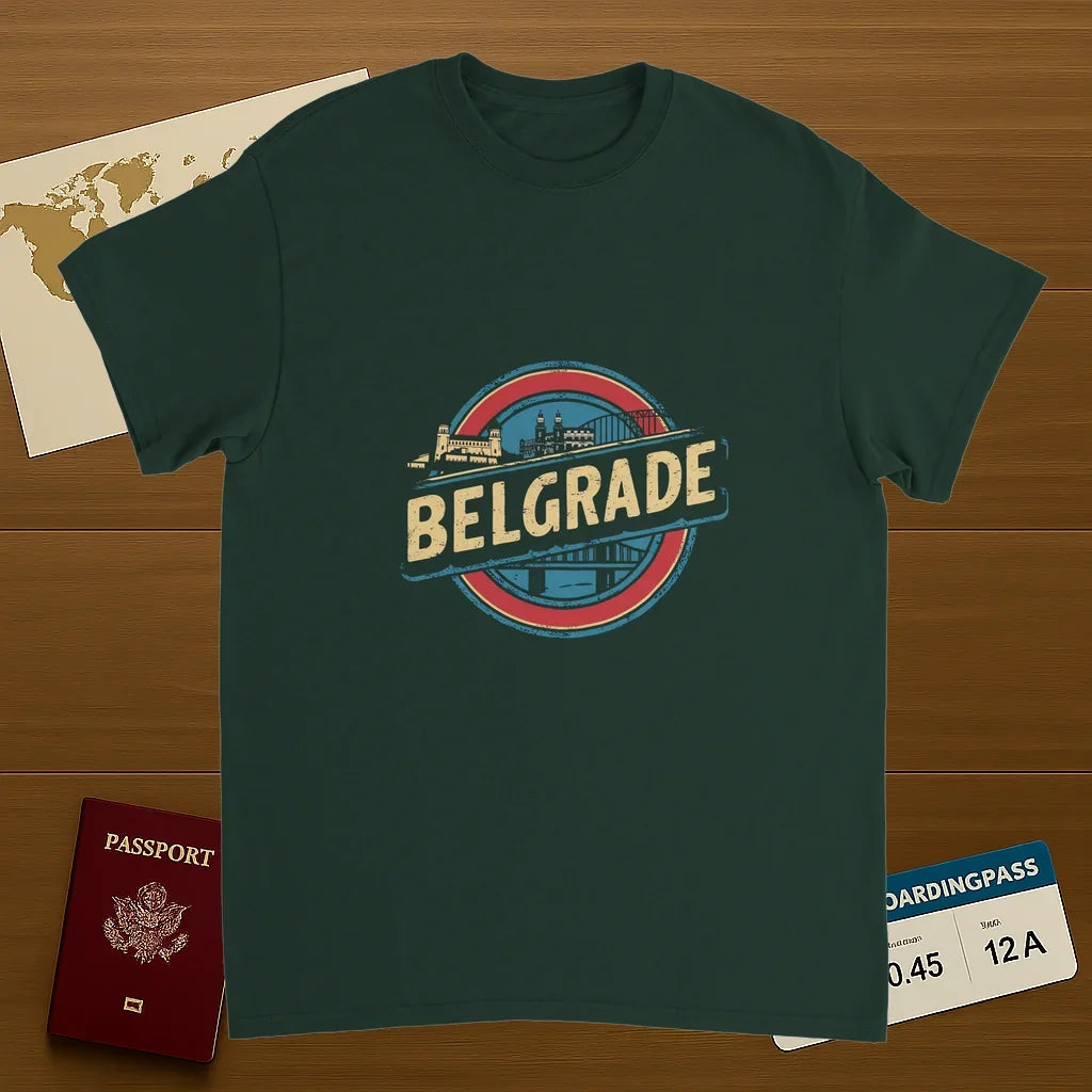 forest green Belgrade Serbia Unisex Travel T-Shirt on wooden background with world map, passport, and boarding pass