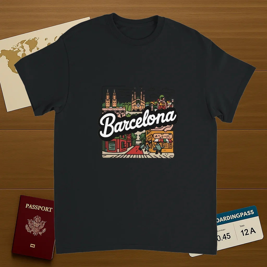 black Barcelona Spain Unisex Travel T-Shirt on wooden background with world map, passport, and boarding pass