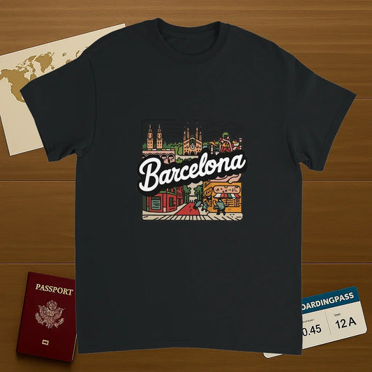 black Barcelona Spain Unisex Travel T-Shirt on wooden background with world map, passport, and boarding pass