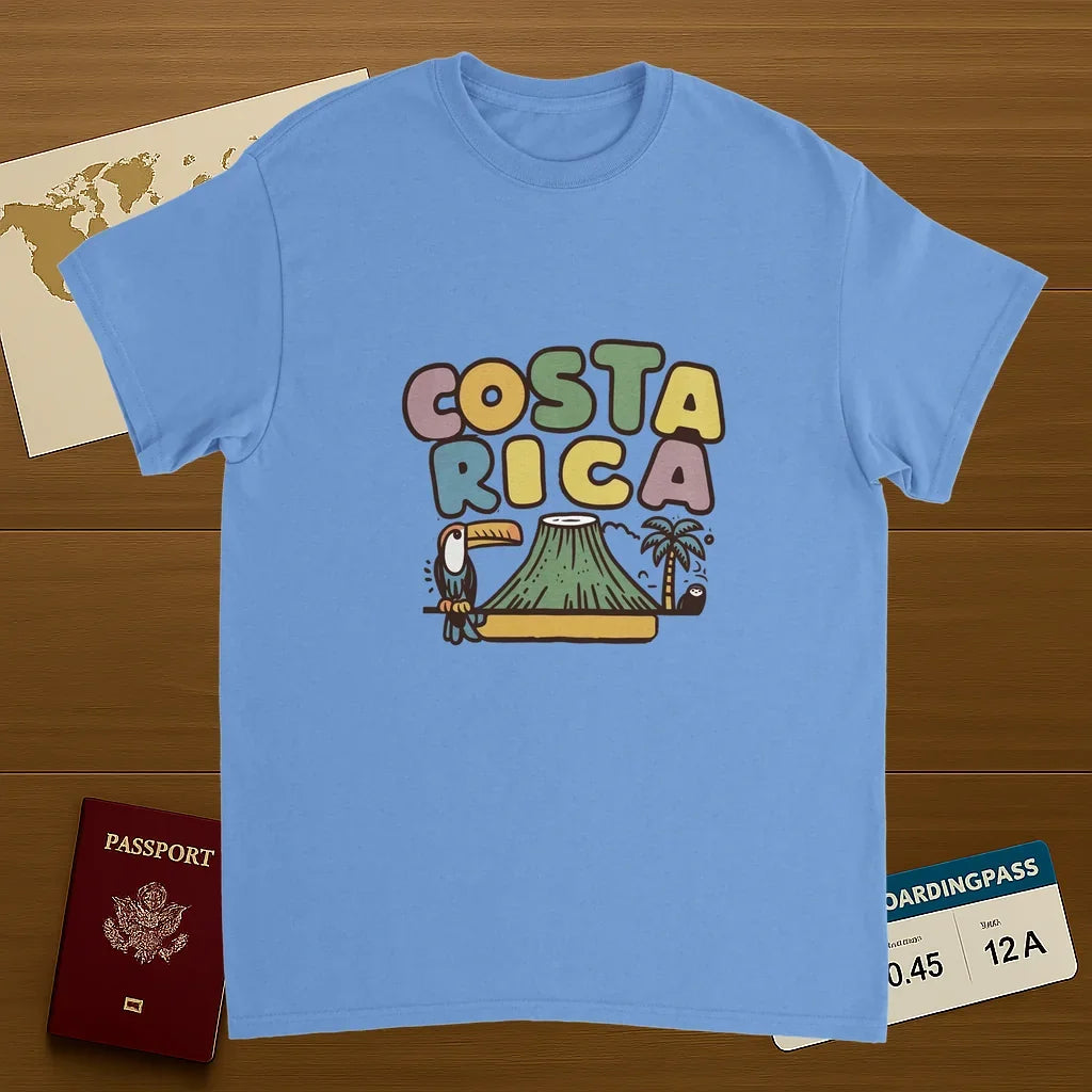 carolina blue Costa Rica Unisex Travel T-Shirt on wooden background with world map, passport, and boarding pass