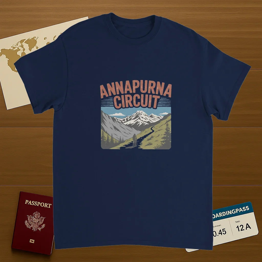 navy Annapurna Circuit Nepal Unisex Travel T-Shirt on wooden background with world map, passport, and boarding pass