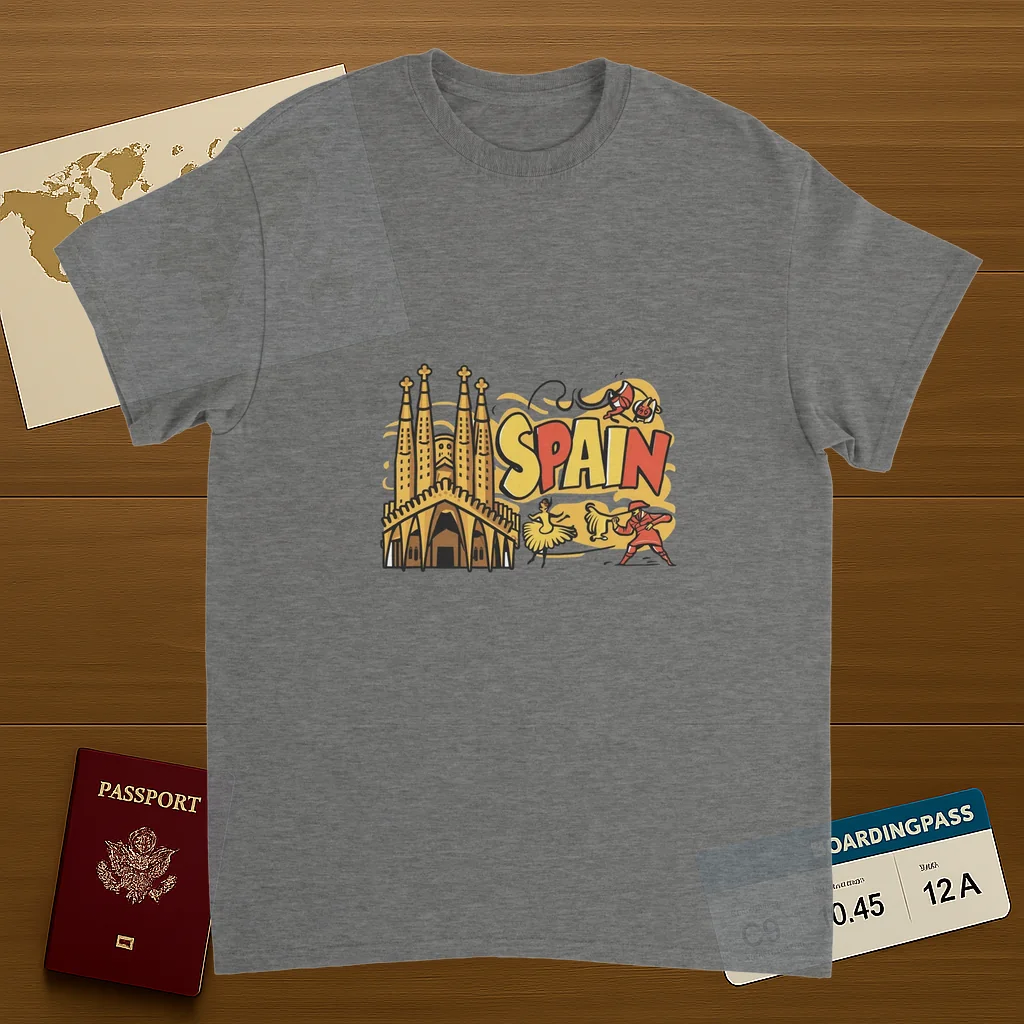 sport grey Spain Unisex Travel T-Shirt on wooden background with world map, passport, and boarding pass