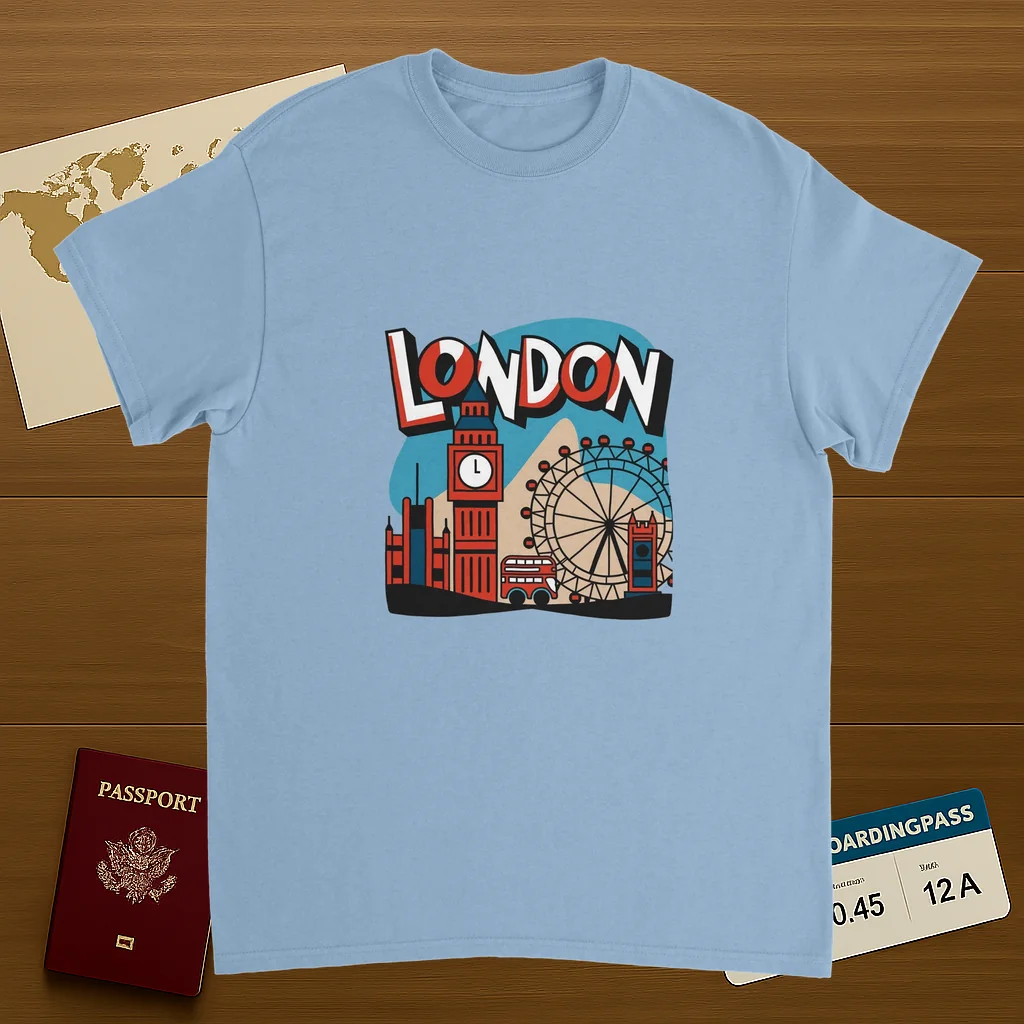 light blue London England Unisex Travel T-Shirt on wooden background with world map, passport, and boarding pass