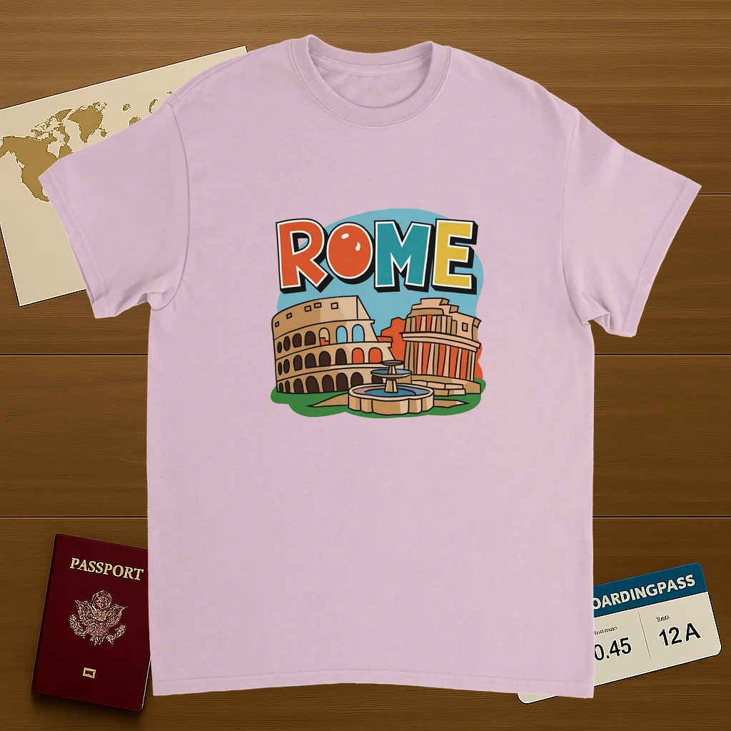 light pink Rome Italy Unisex Travel T-Shirt on wooden background with world map, passport, and boarding pass
