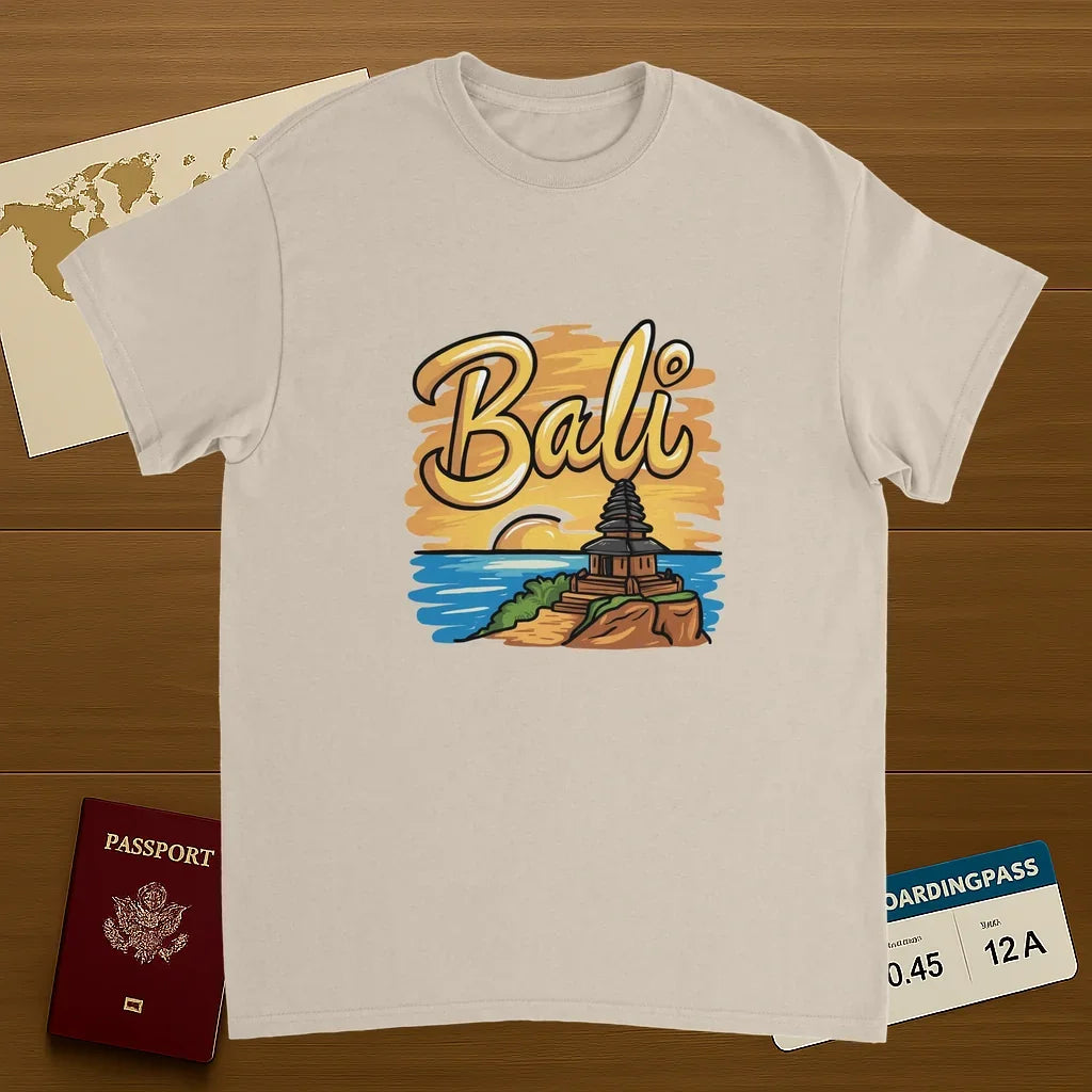 Bali Unisex Travel T-Shirt on wooden background with world map, passport, and boarding pass