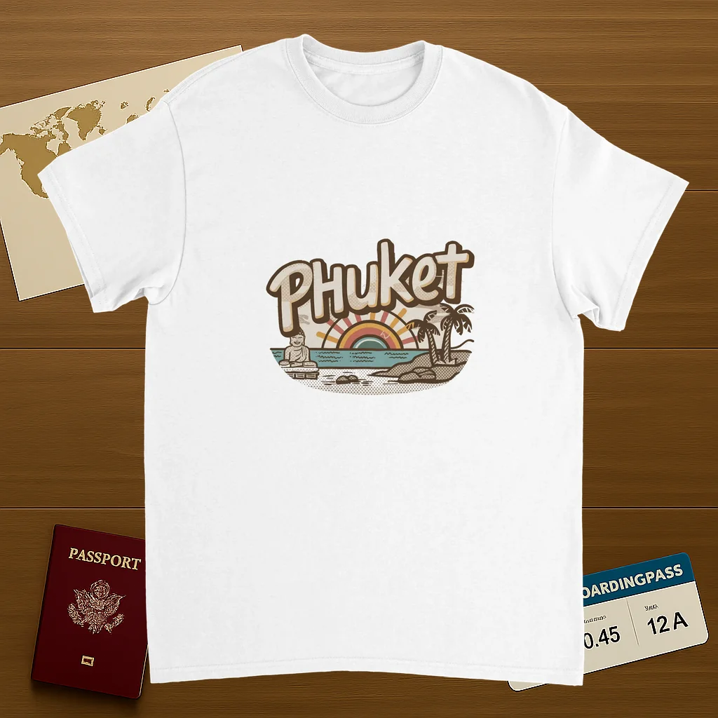 white Phuket Thailand Unisex Travel T-Shirt on wooden background with world map, passport, and boarding pass