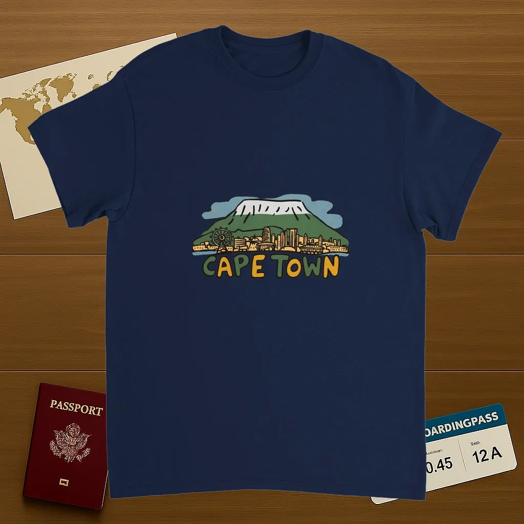 navy Cape Town South Africa Unisex Travel T-Shirt on wooden background with world map, passport, and boarding pass