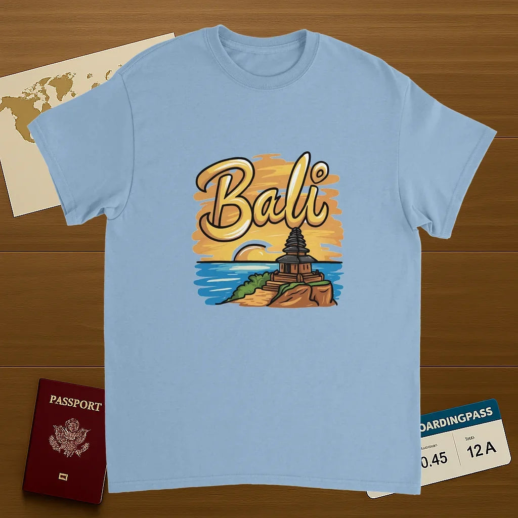 light blue Bali Unisex Travel T-Shirt on wooden background with world map, passport, and boarding pass
