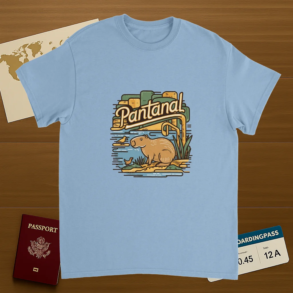 light blue Pantanal Brazil Unisex Travel T-Shirt on wooden background with world map, passport, and boarding pass