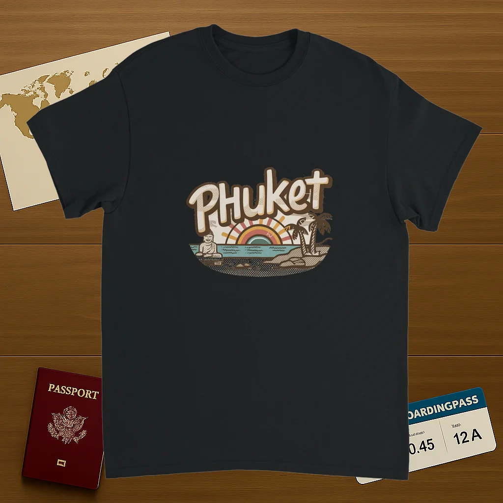 black Phuket Thailand Unisex Travel T-Shirt on wooden background with world map, passport, and boarding pass
