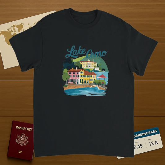 black Lake Como Italy Unisex Travel T-Shirt on wooden background with world map, passport, and boarding pass
