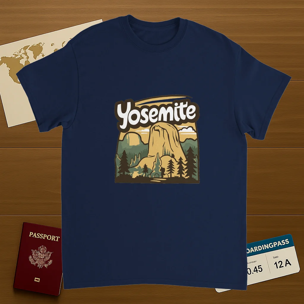 navy Yosemite USA Unisex Travel T-Shirt on wooden background with world map, passport, and boarding pass