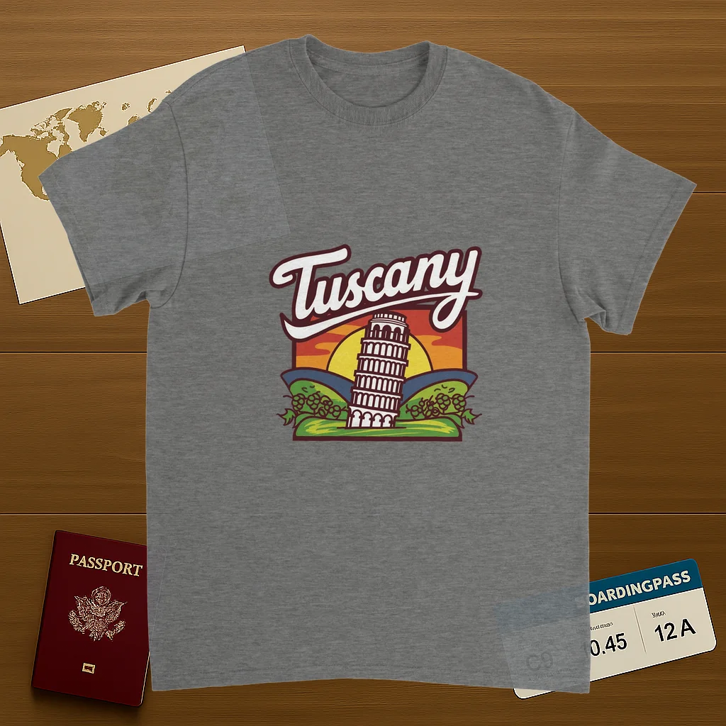 sport grey Tuscany Italy Unisex Travel T-Shirt on wooden background with world map, passport, and boarding pass