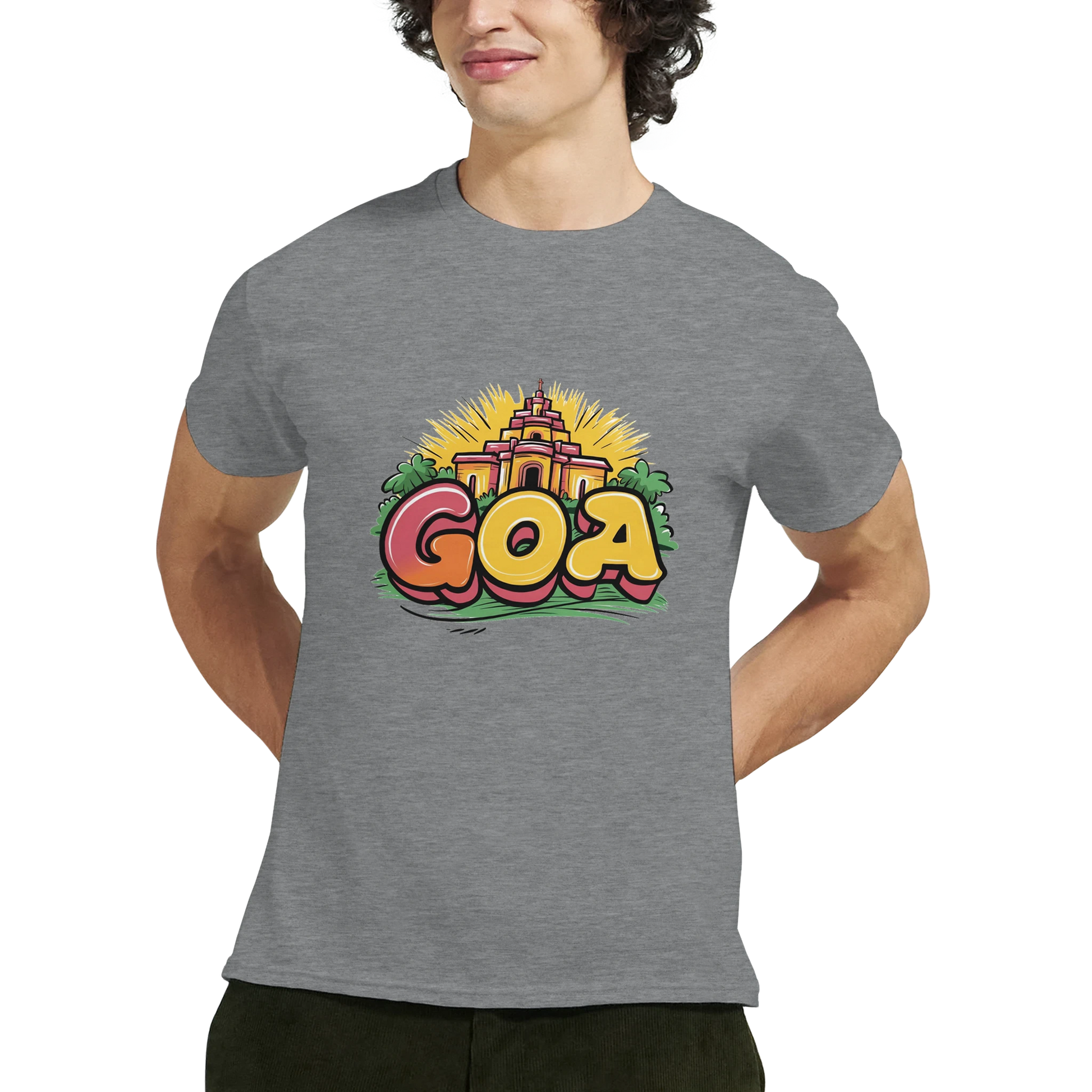 Goa India Unisex Travel T-Shirt on wooden background with world map, passport, and boarding pass