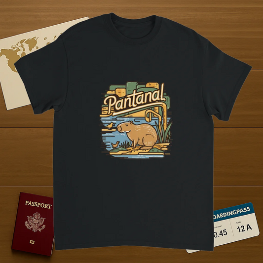black Pantanal Brazil Unisex Travel T-Shirt on wooden background with world map, passport, and boarding pass