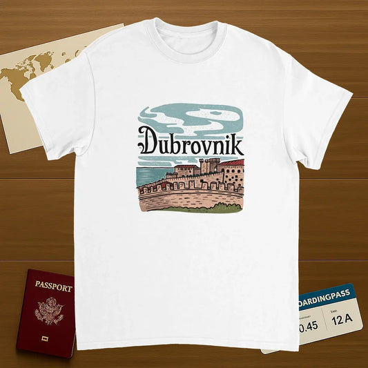 white Dubrovnik Croatia Unisex Travel T-Shirt on wooden background with world map, passport, and boarding pass