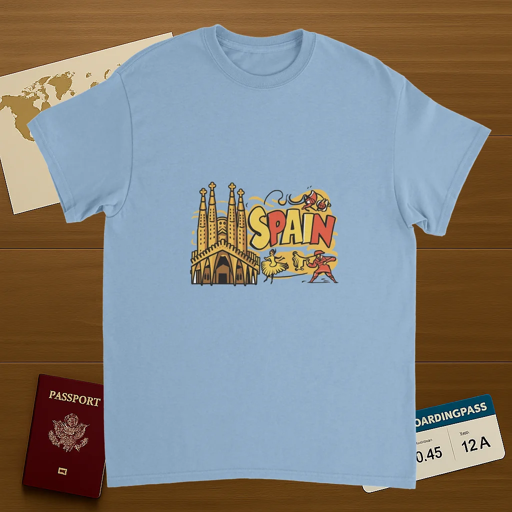 light blue Spain Unisex Travel T-Shirt on wooden background with world map, passport, and boarding pass