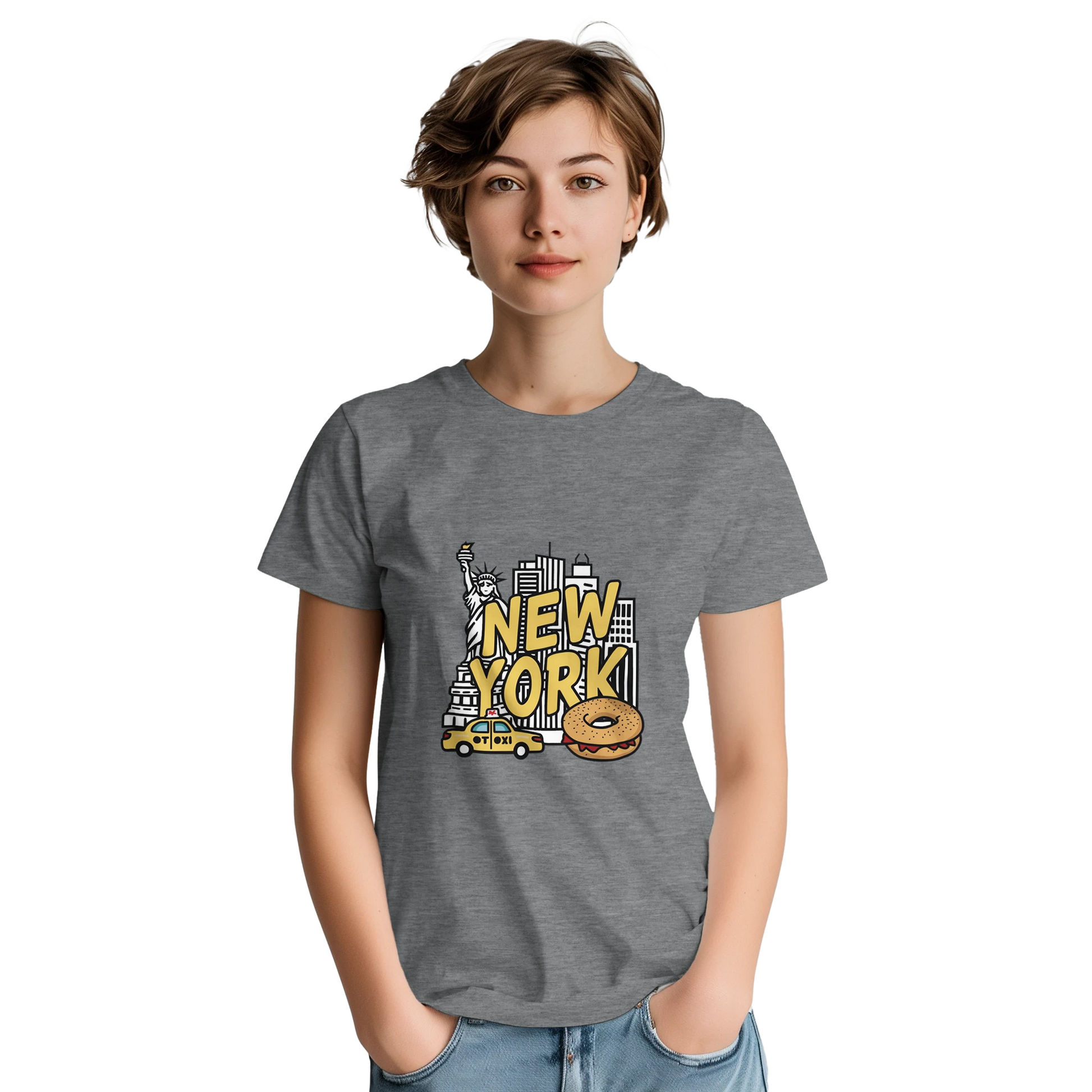 New York USA Unisex Travel T-Shirt on wooden background with world map, passport, and boarding pass