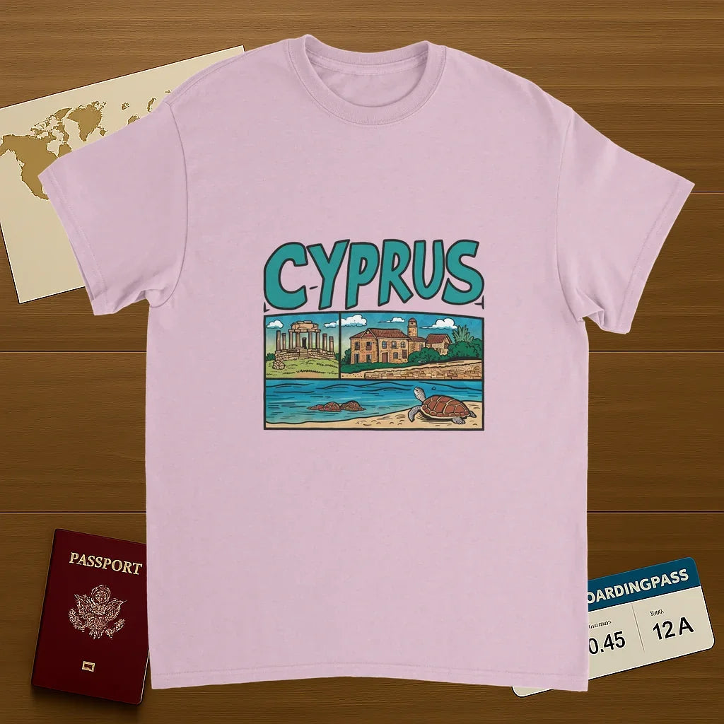light pink Cyprus Unisex Travel T-Shirt on wooden background with world map, passport, and boarding pass