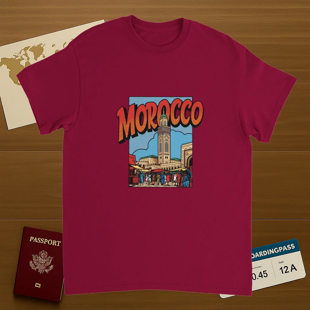 cardinal red Morocco Unisex Travel T-Shirt on wooden background with world map, passport, and boarding pass