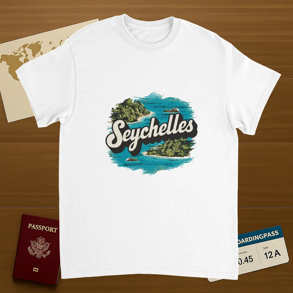 white Seychelles Unisex Travel T-Shirt on wooden background with world map, passport, and boarding pass