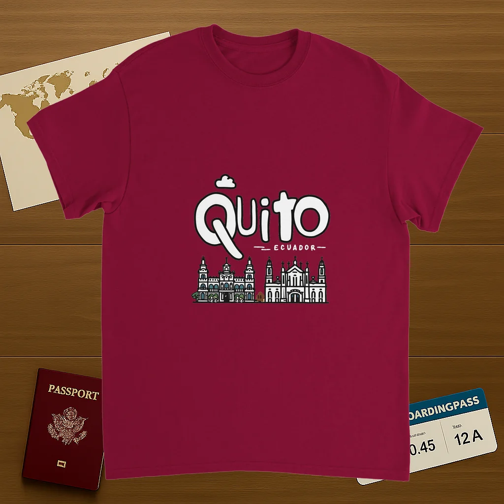 cardinal red Quito Ecuador Unisex Travel T-Shirt on wooden background with world map, passport, and boarding pass