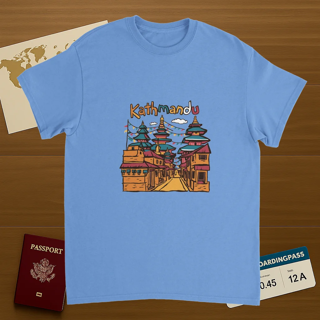 carolina blue Kathmandu Nepal Unisex Travel T-Shirt on wooden background with world map, passport, and boarding pass